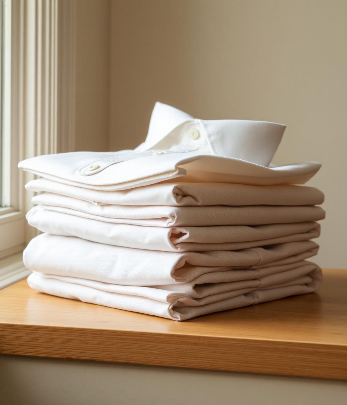 Stack of freshly laundered white shirts